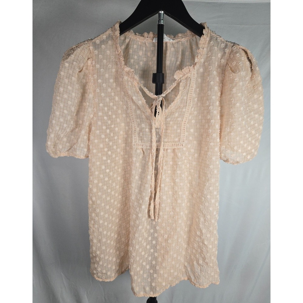 Beige Swiss Dot Sheer Peasant Top Sz M Puff Sleeve Cottagecore Fairycore Prairie